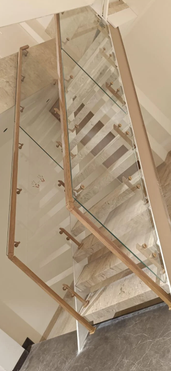 Wooden Finish Glass Railing