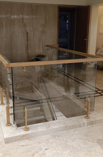 Wooden Finish Glass Railing