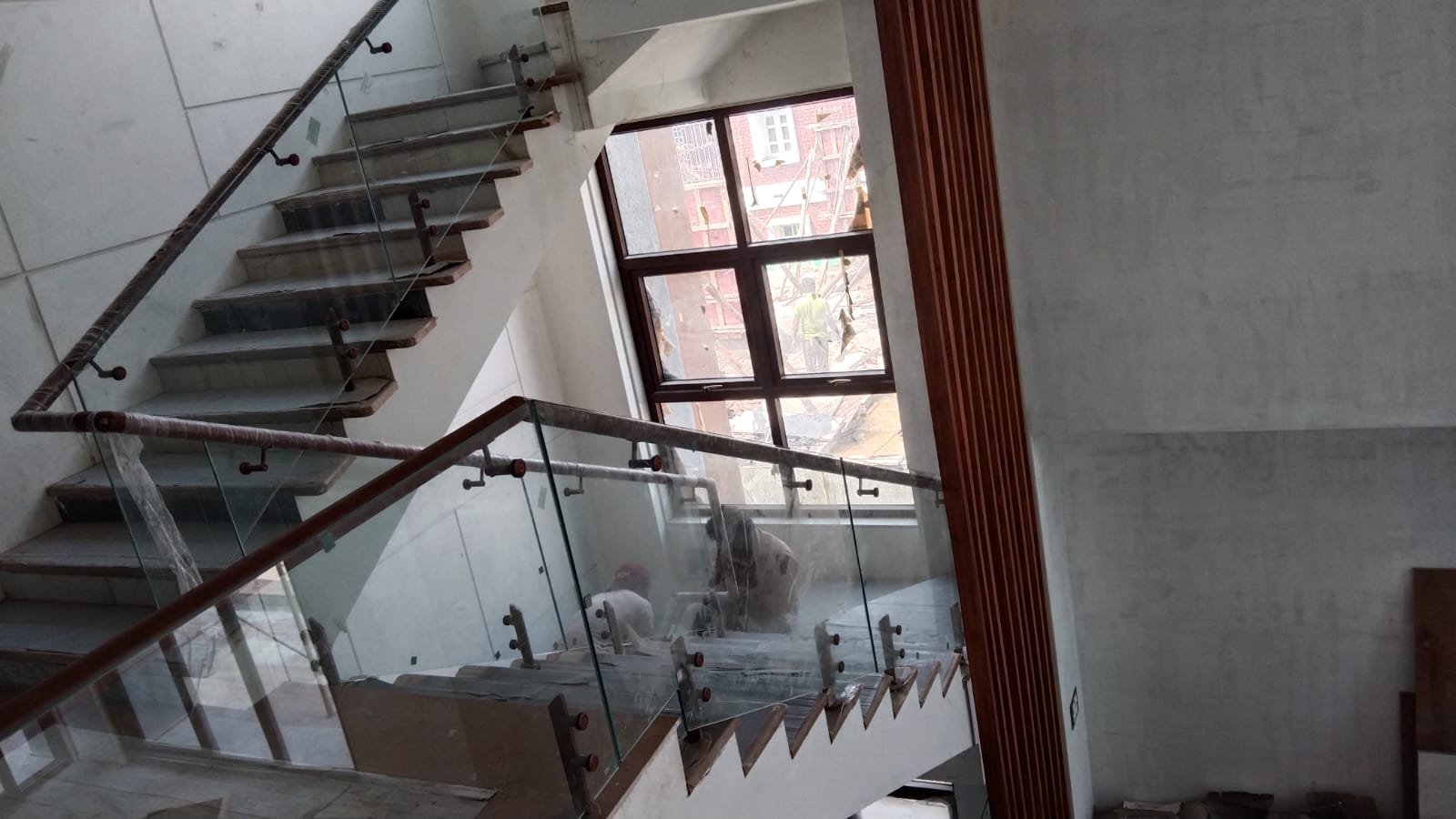 Wooden Finish Glass Railing